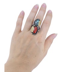 Vintage Southwestern Turquoise Coral Sterling Silver 18k Gold Leaf Ring 1970s