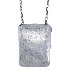 Antique Art Deco Sterling Silver Engraved Compact Purse Vanity Case with Chain