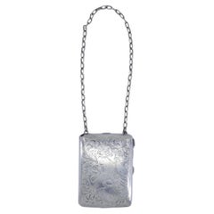Antique Art Deco Sterling Silver Engraved Compact Purse Vanity Case with Chain