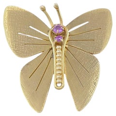 Vintage 14k Gold Butterfly Brooch Pink Gemstone Accents