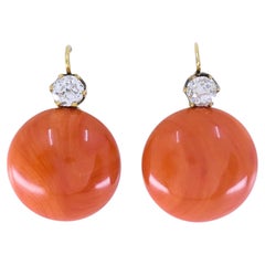 Antique Victorian 14k Gold Coral Diamond Drop Earrings, 1890 - 1900