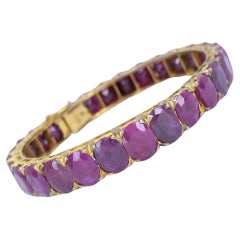 Vintage 18k Gold Ruby Hinged Bangle Bracelet Mid 20th century
