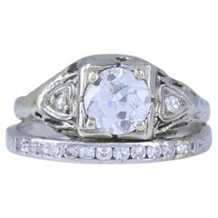 Vintage Old European Cut Diamond Bridal Set in 18k White Gold and Platinum