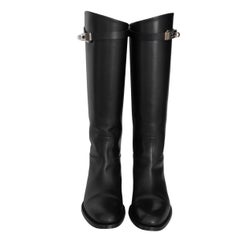 Hermès Black Leather Knee High Riding Boots with Silver Buckle Size 37.5