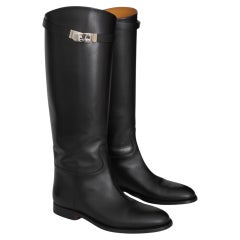 Hermès Black Leather Knee High Riding Boots with Silver Buckle Size 37.5