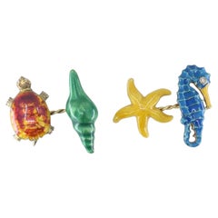 Vintage LOZ 18k Gold Enamel Turtle Seahorse Starfish Shell Cufflinks