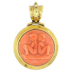 French Carved Coral Pendant, 18k Gold Gemini Twins Zodiac, Hinged Enhancer Bail