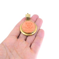 French Carved Coral Pendant, 18k Gold Gemini Twins Zodiac, Hinged Enhancer Bail