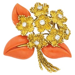 Vintage French 18k Gold Coral Diamond Flower Bouquet Brooch