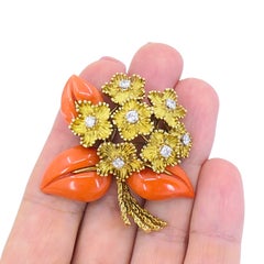 Vintage French 18k Gold Coral Diamond Flower Bouquet Brooch