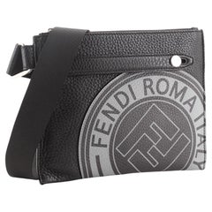 Fendi FF Logo Stamp Flat Messenger Bag Printed Leather Small Black