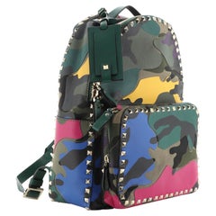 Valentino Rockstud Backpack Camo Leather and Canvas Medium Green, Multicolor