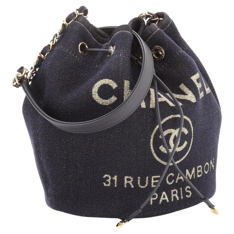 Chanel Deauville Drawstring Bucket Bag Lurex Canvas Medium Blue