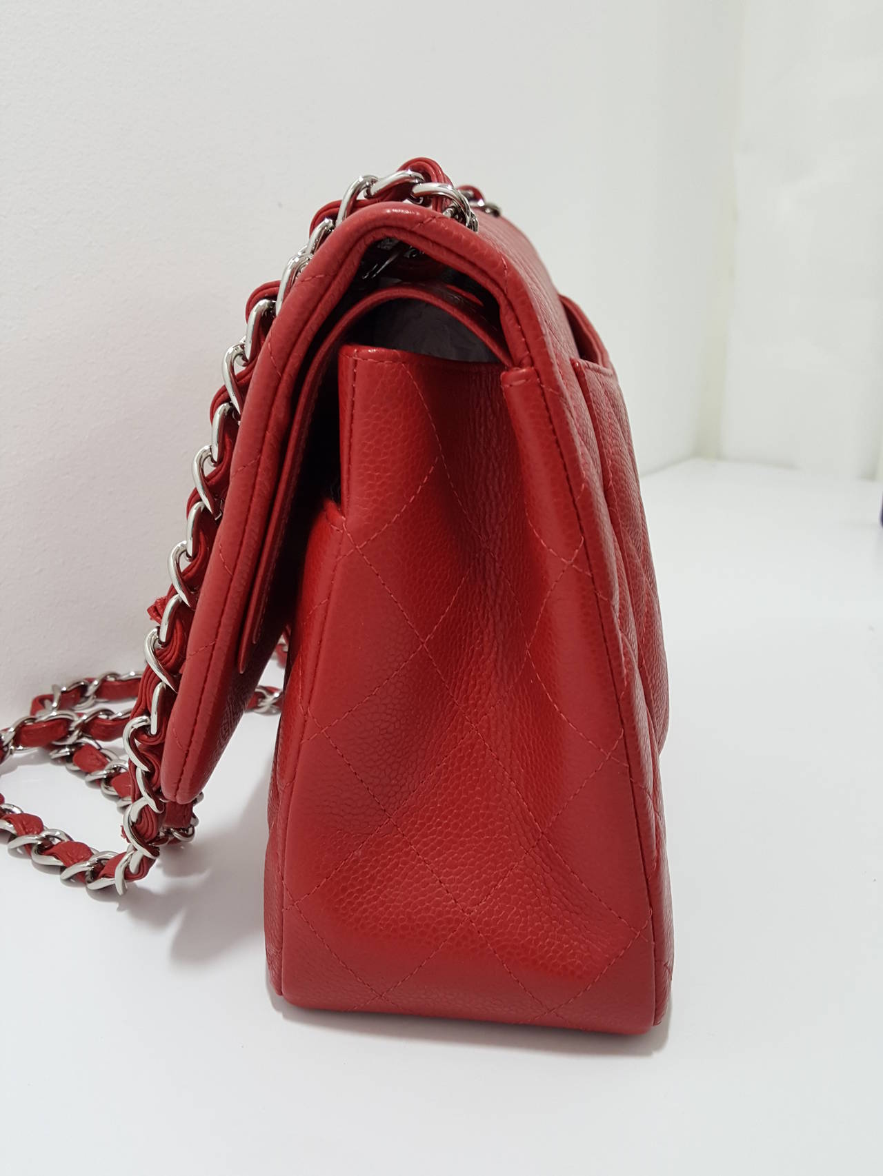 Chanel Red Caviar Jumbo Double Flap with Silver Hardware. 4