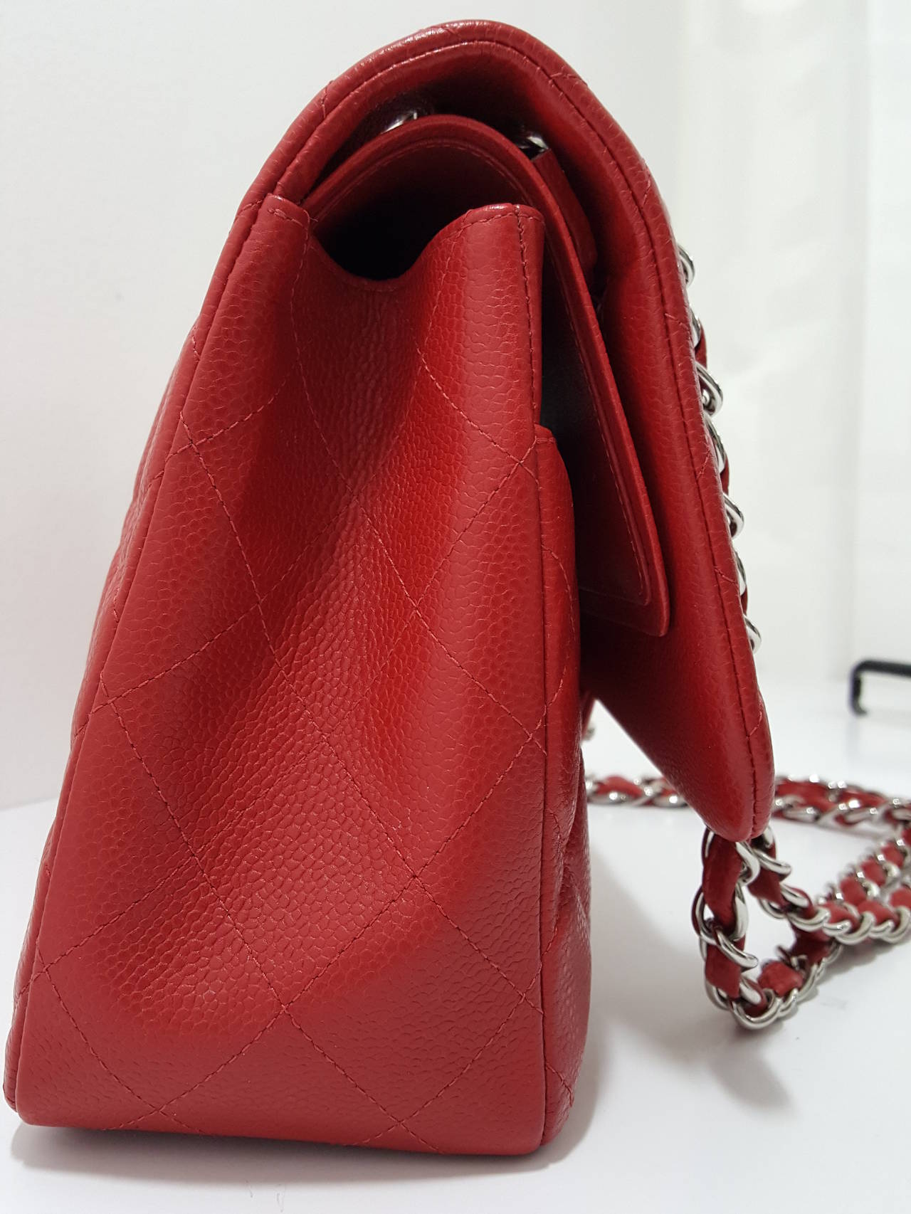Chanel Red Caviar Jumbo Double Flap with Silver Hardware. 3