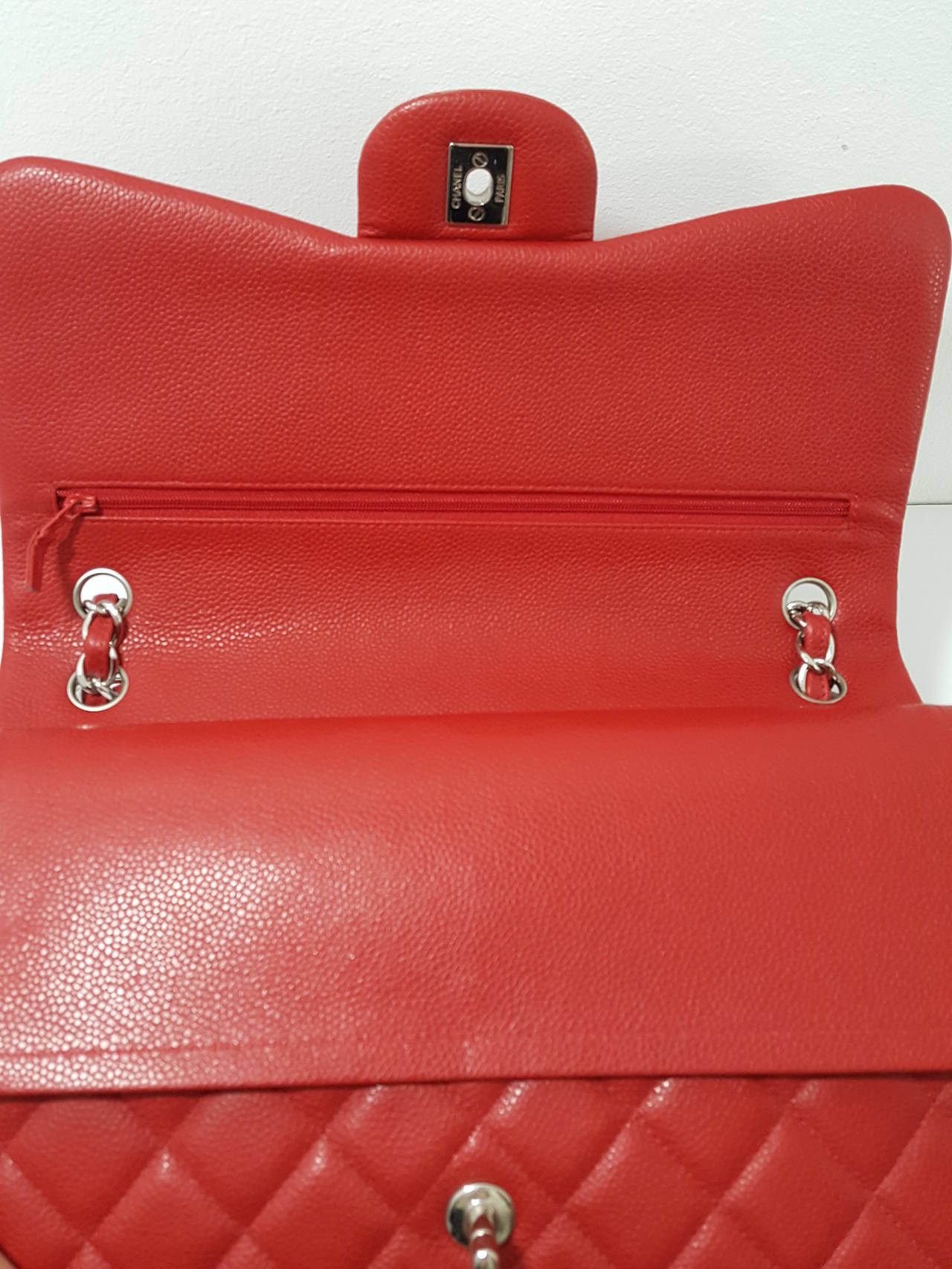 Chanel Red Caviar Jumbo Double Flap with Silver Hardware. In New Condition In Delray Beach, FL