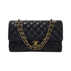 Chanel Black Lambskin 10" Classic Double Flap Handbag W/Gold Hardware