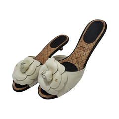 Chanel Ivory Leather Camellia Flower Slides with kitten heel.  Size 40