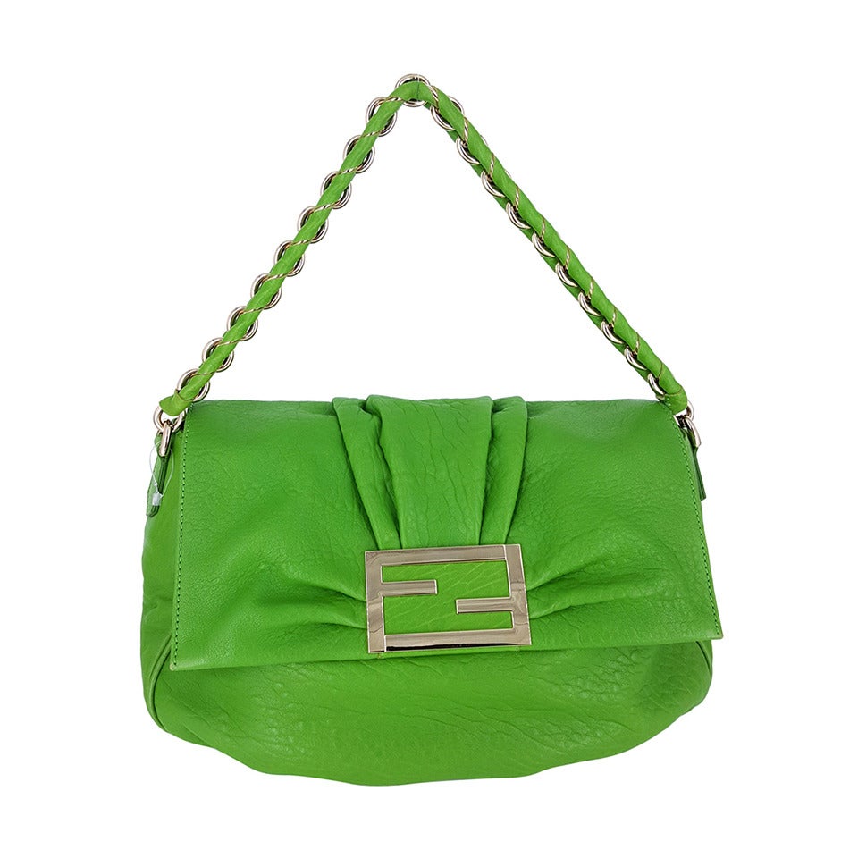 FENDI Kelly Green Leather Shoulder Bag With Silver Hardware. For Sale