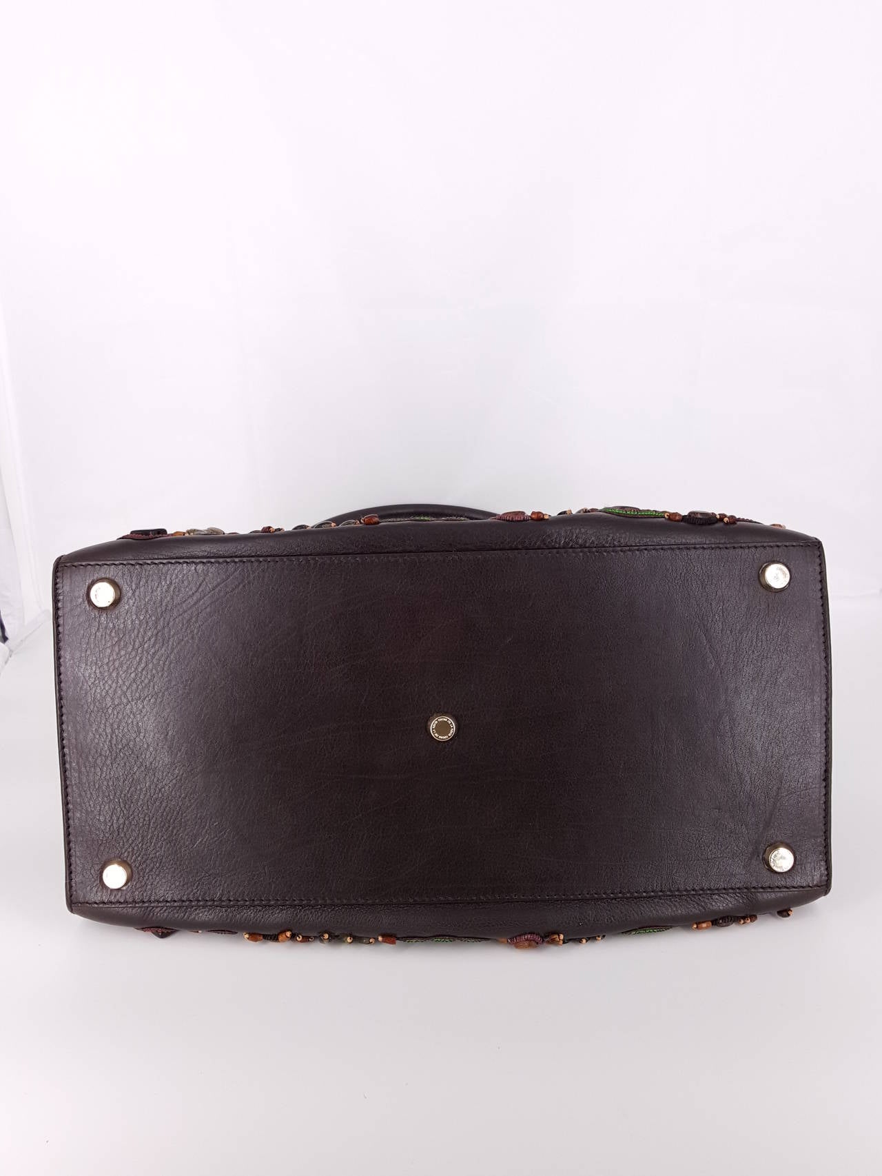 Black Oscar De La Renta Brown Top Handle Bag With Stone Embellishments For Sale