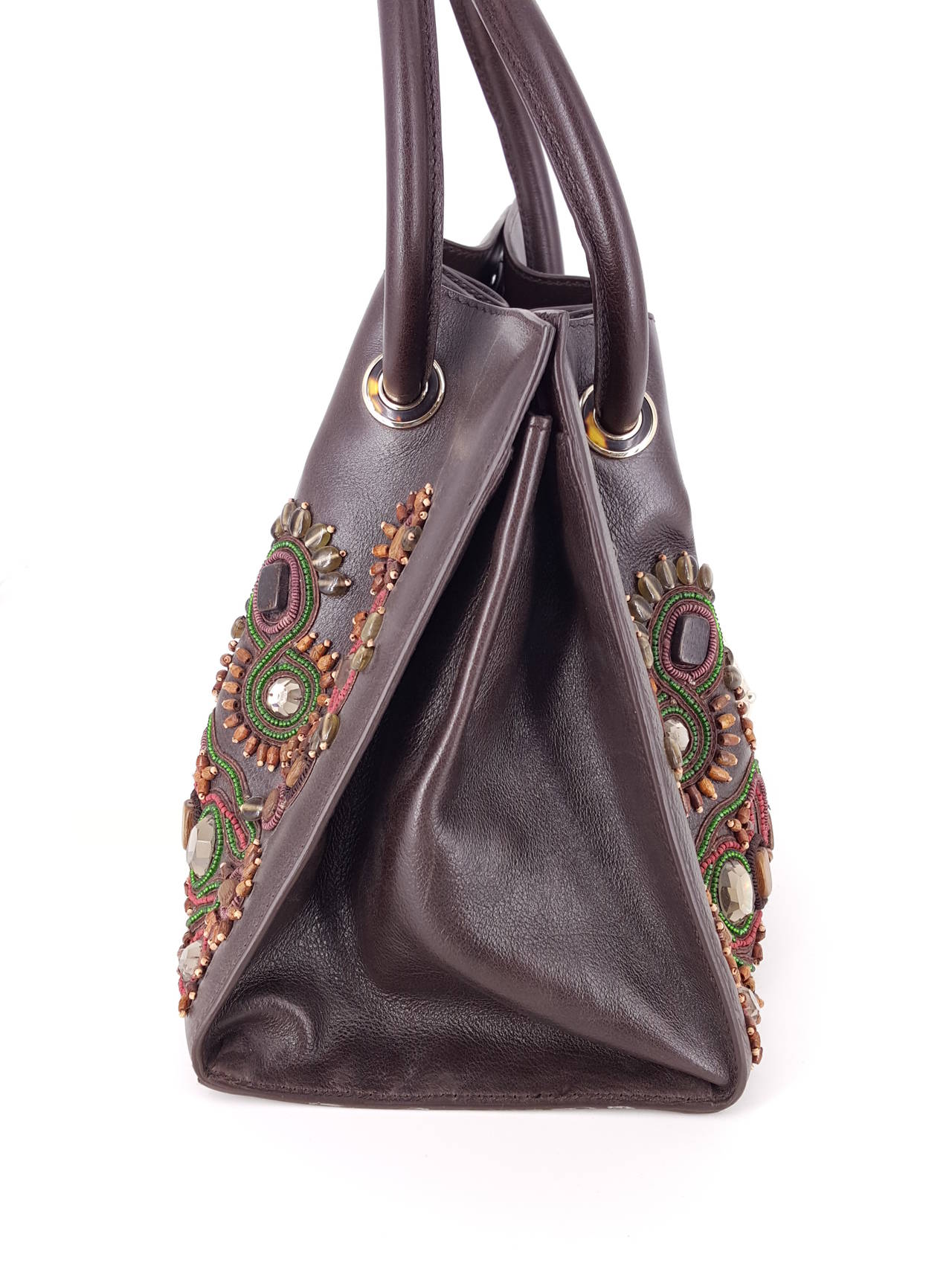 Oscar De La Renta Brown Top Handle Bag With Stone Embellishments In New Condition For Sale In Delray Beach, FL