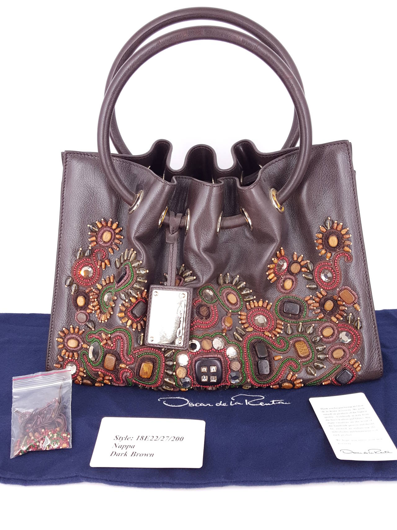 Oscar De La Renta Brown Top Handle Bag With Stone Embellishments For Sale 3