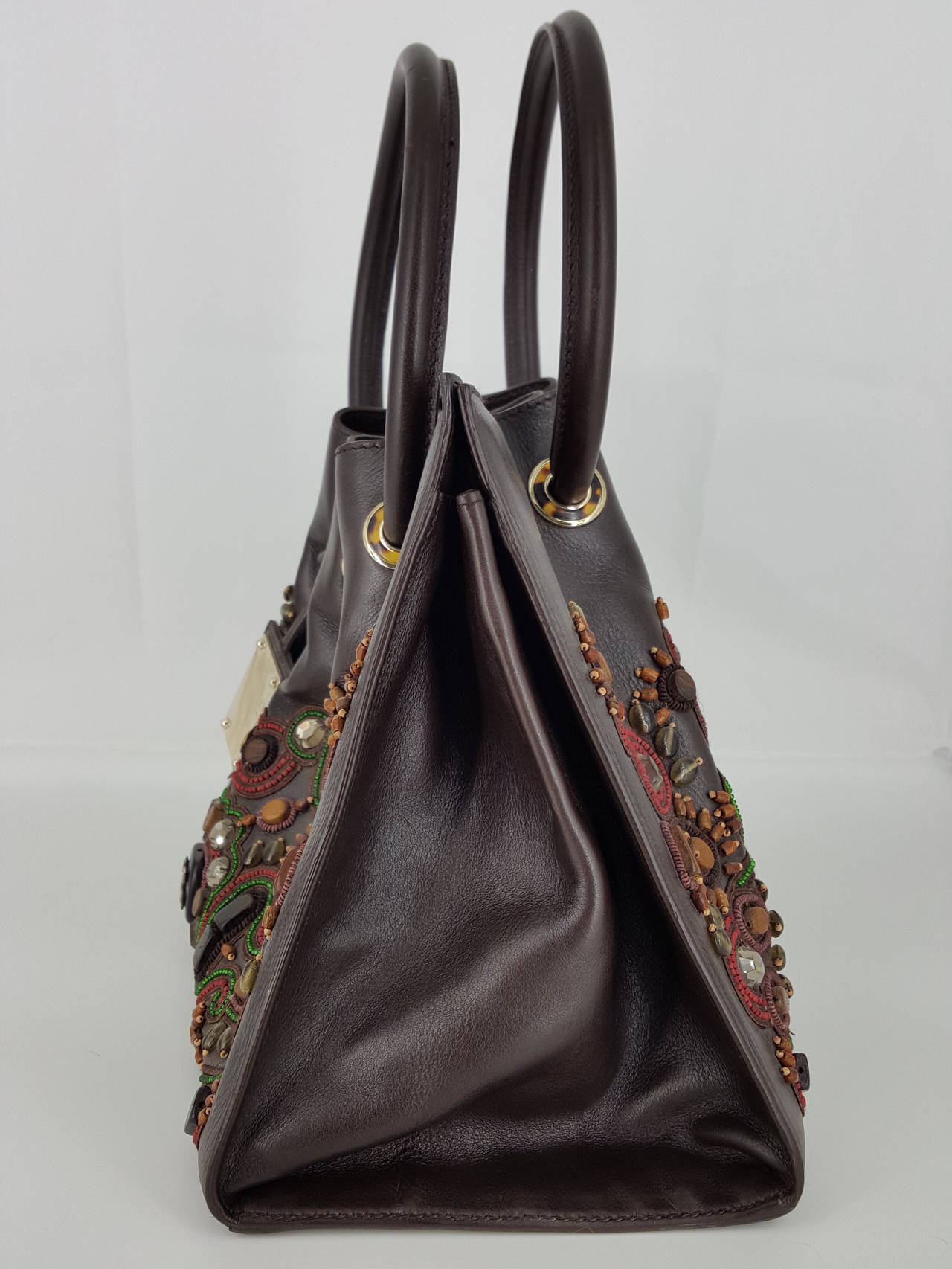 Women's Oscar De La Renta Brown Top Handle Bag With Stone Embellishments For Sale