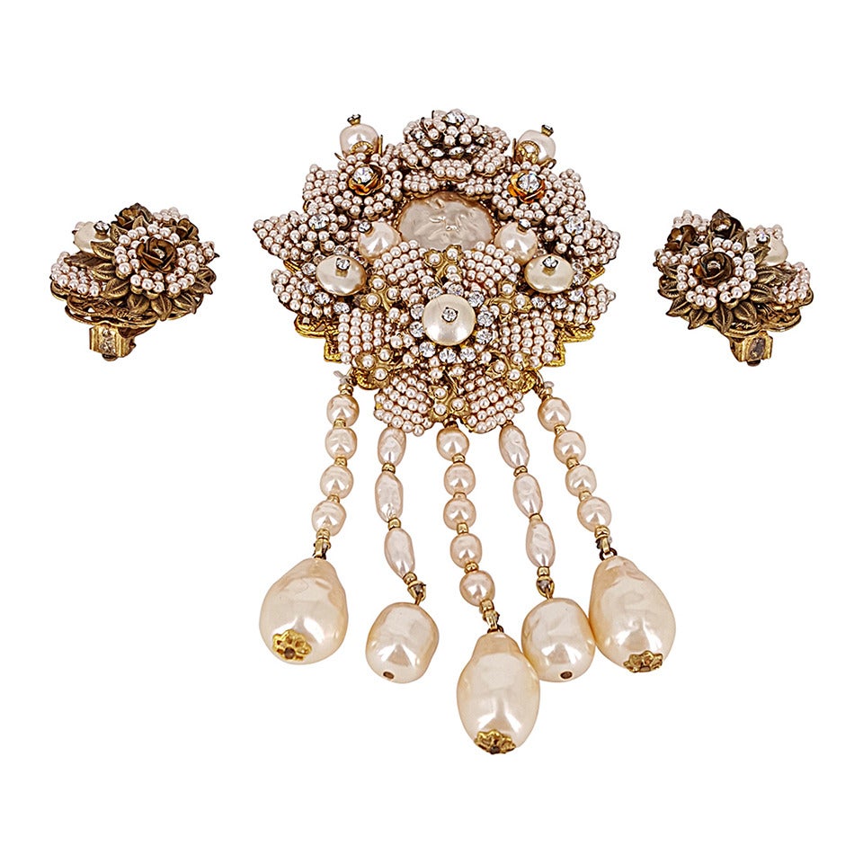 Vintage Stanley Hagler Brooch And Earrings With Seed Pearls & Baroque Pearls. For Sale