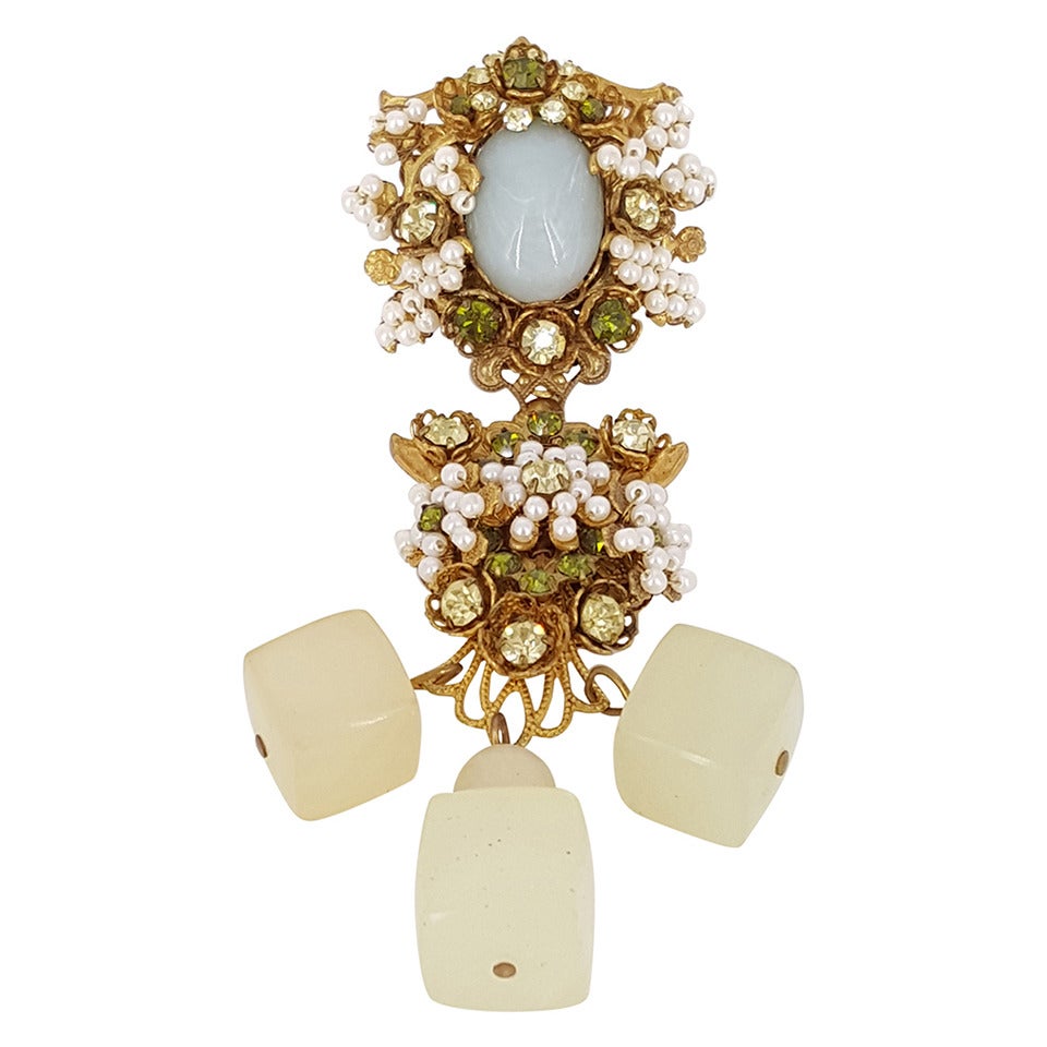 Vintage Stanley Hagler Hanging Brooch with seed pearls and soft green stones. For Sale
