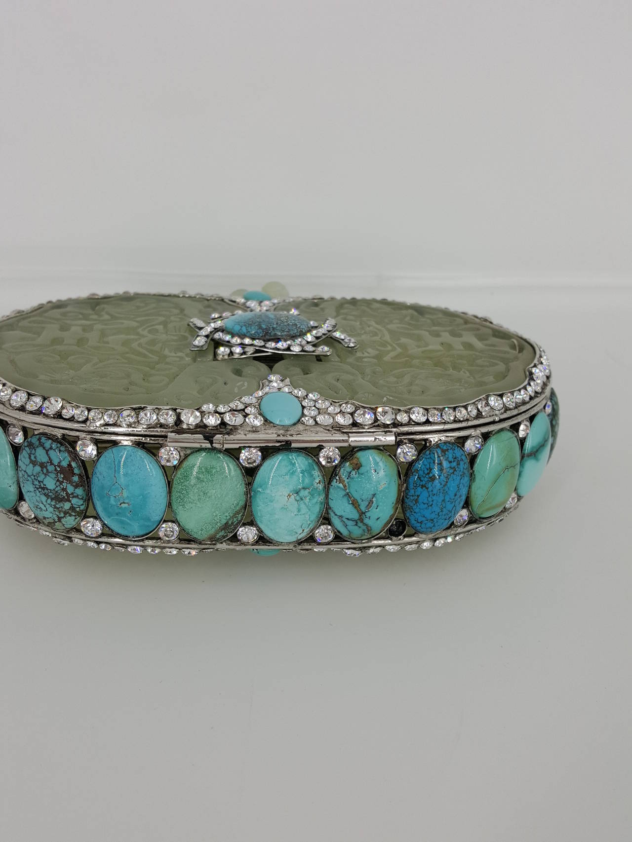 Gray Rare Iradj Moini Minaudiere In Carved Jade, Turquoise, and Rhinestones.