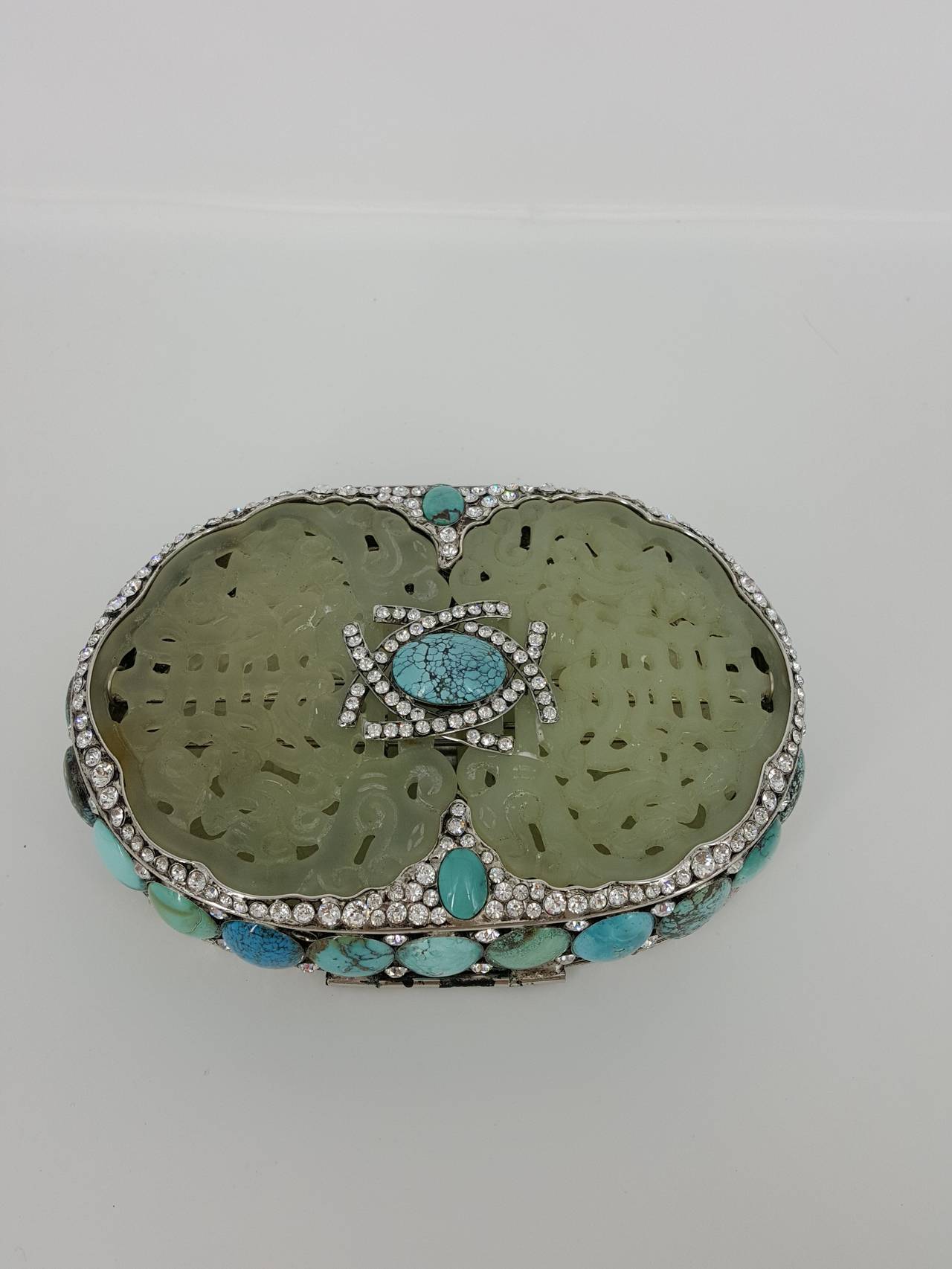 Rare Iradj Moini Minaudiere In Carved Jade, Turquoise, and Rhinestones. 1