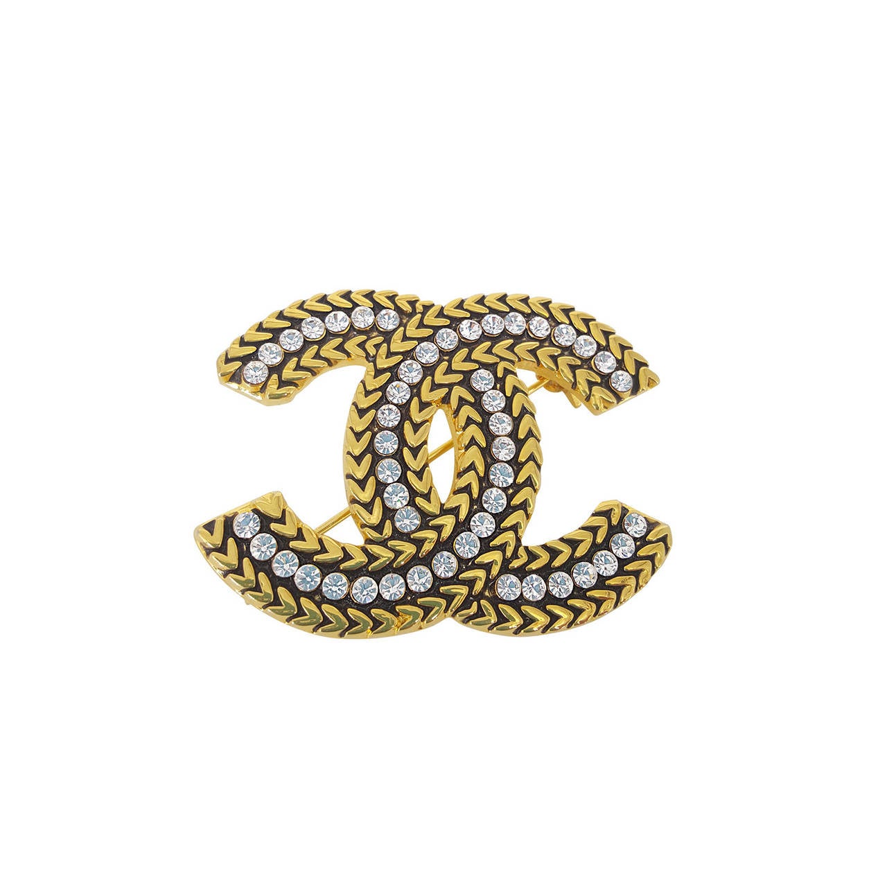 Vintage Large Chanel "CC" Brooch In Black, Gold, and Crystal.
