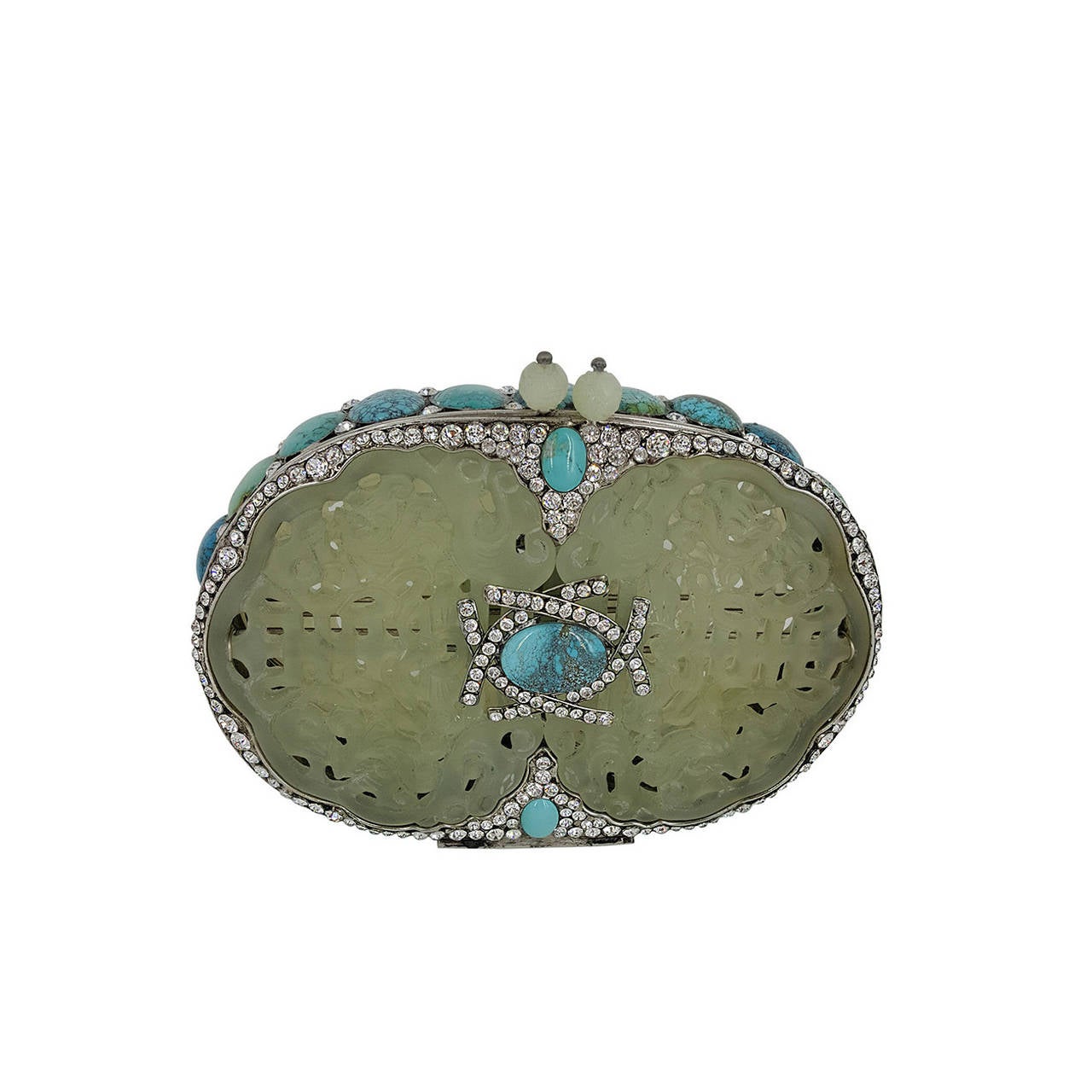 Rare Iradj Moini Minaudiere In Carved Jade, Turquoise, and Rhinestones.