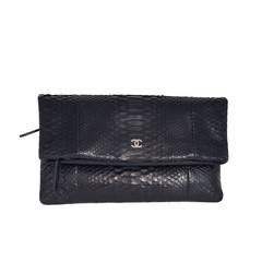 CHANEL Black Python Fold Over Clutch With Silver Hardware.  NWOT