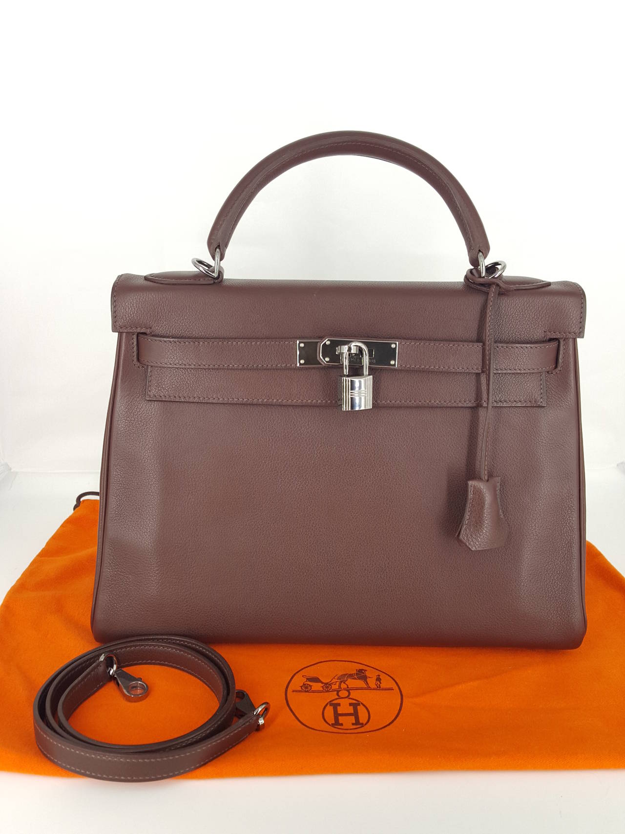 HERMES Chocolate Brown 32 Cm Kelly Bag With Rare Ruthenium Hardware. For Sale 2