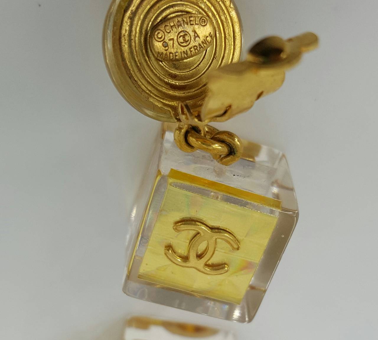 Contemporary Vintage CHANEL No. 5 Lucite Hanging Earrings 97A.