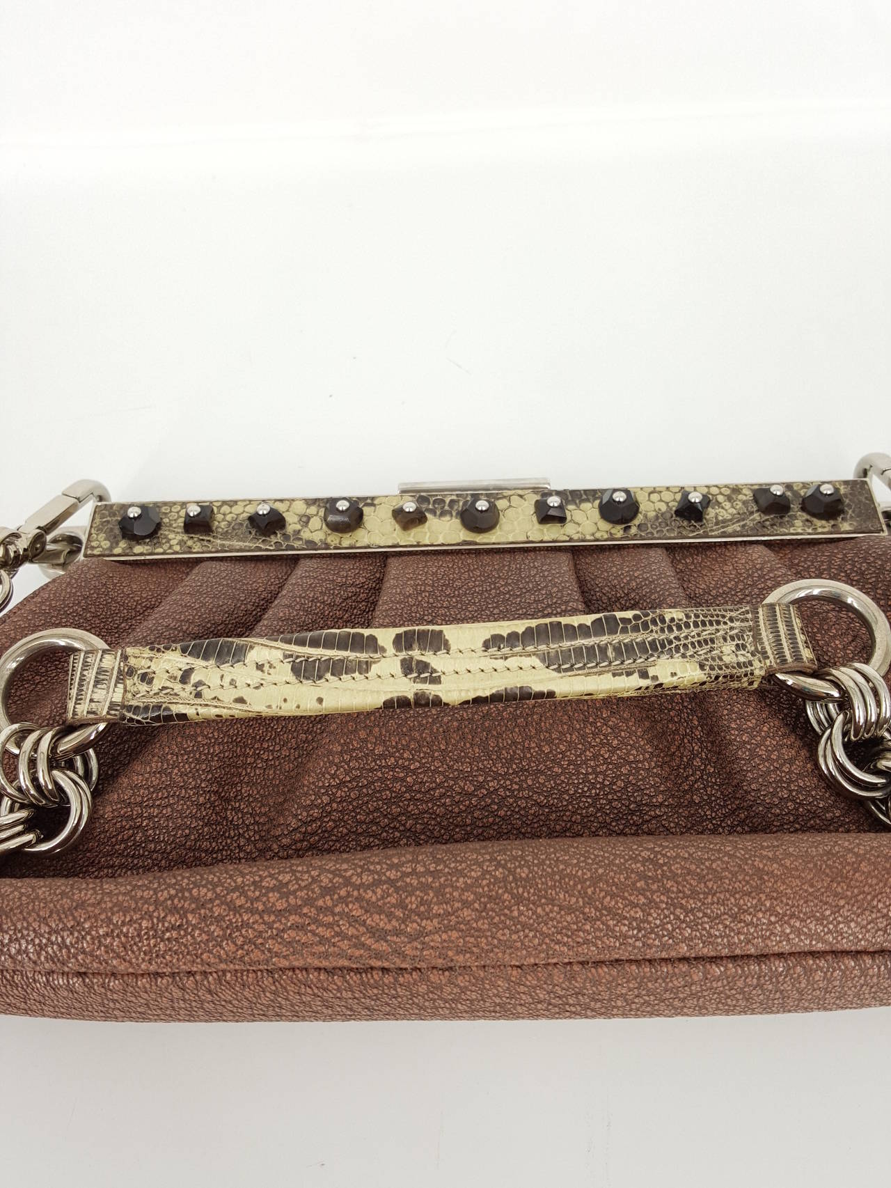 Prada Limited Edition Leather And Python Trim Pochette With Crystal Studs. In Excellent Condition In Delray Beach, FL