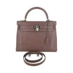 HERMES Chocolate Brown 32 Cm Kelly Bag With Rare Ruthenium Hardware.