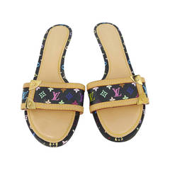 Louis Vuitton Black Monogram Multicolor Slides With Gold Hardware