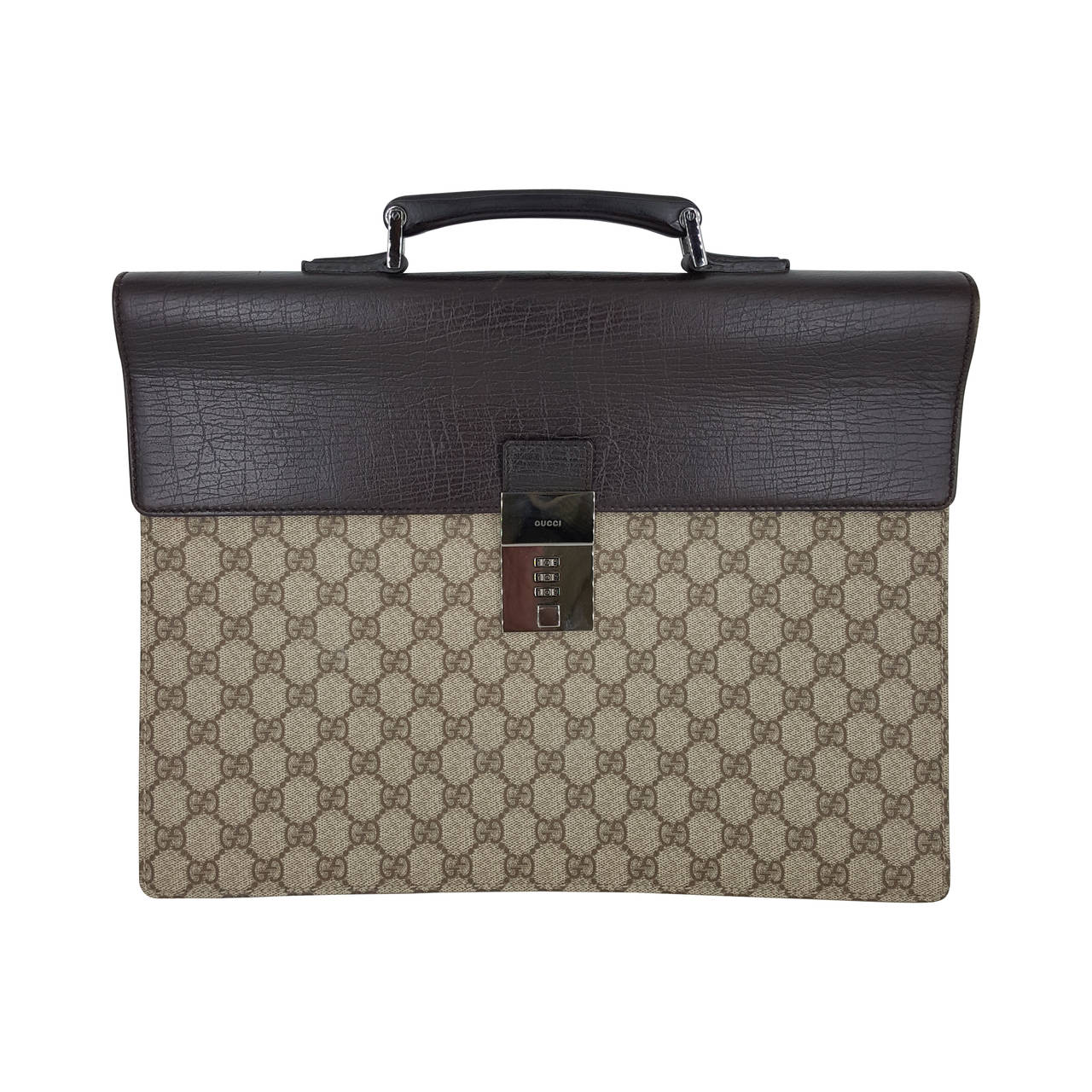 Vintage GUCCI Briefcase In "GG" Print Canvas and Brown Leather Trim.