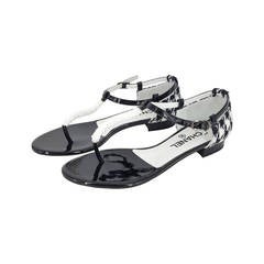 CHANEL Black And White Patent Leather and Boucle Sandals Size 38.