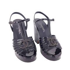 Chanel Black Patent Leather Platform Strappy Wedge Sandal  in size 37.