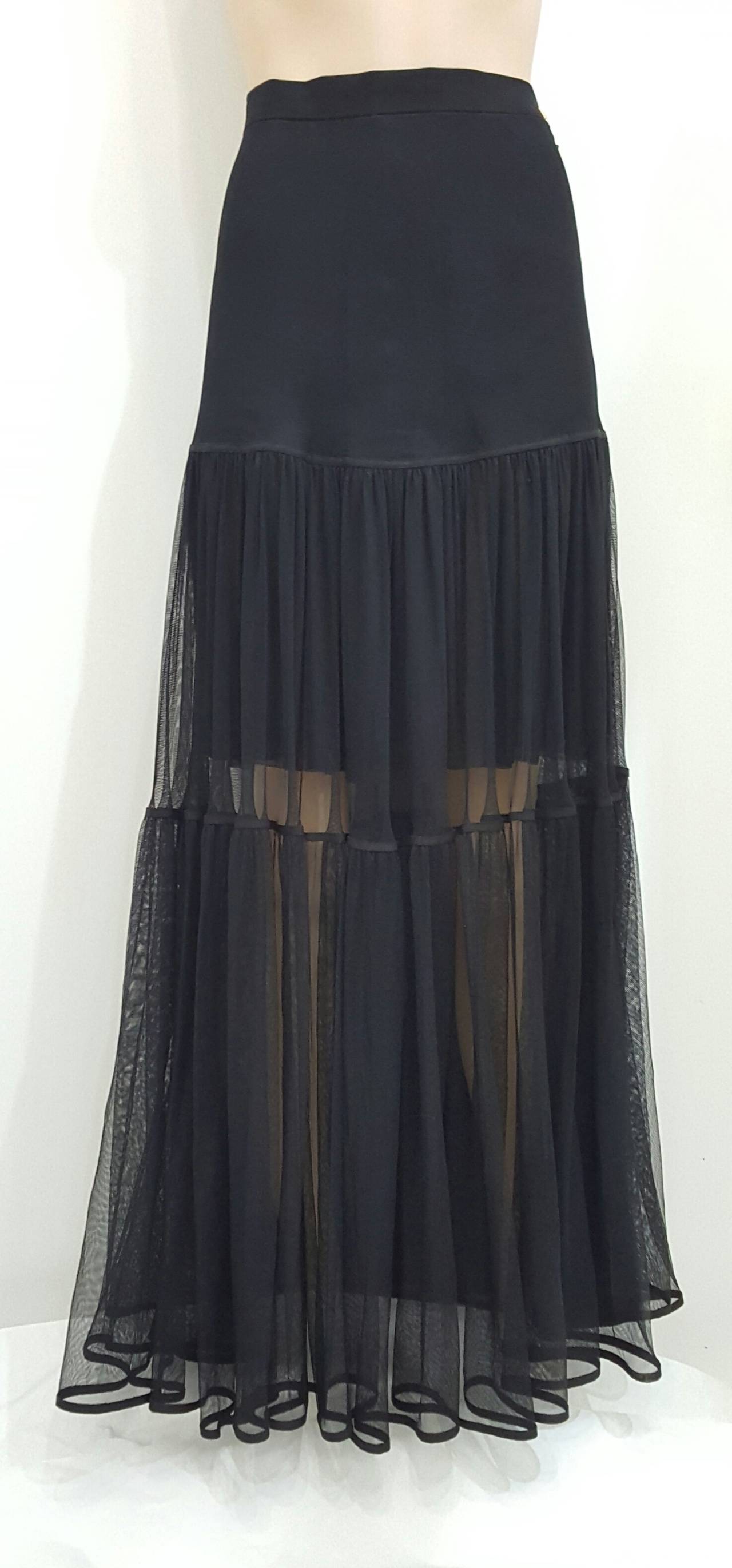 CHANEL Black Woven Silk Dramatic Long Flowing Semi Sheer Skirt. In Good Condition For Sale In Delray Beach, FL