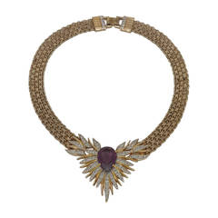 Vintage Panetta Gold Tone Choker Necklace with Large Amethyst & Crystals.
