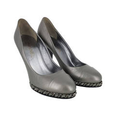 CHANEL Silver Metallic Chain Around High Heel With Traditional Toe Cap. 38 CHANEL Silver Metallic Chain Around High Heel With Traditional Toe Cap. 38