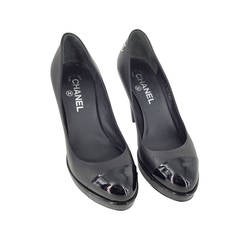 Chanel Black Leather Platform Heels With Patent Leather Toe Cap. size 38