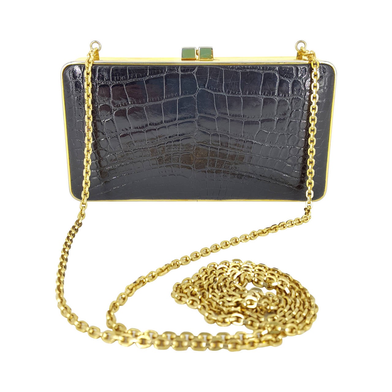 Judith Leiber Shiney Black Alligator Evening Bag/Clutch With Gold Chain. For Sale