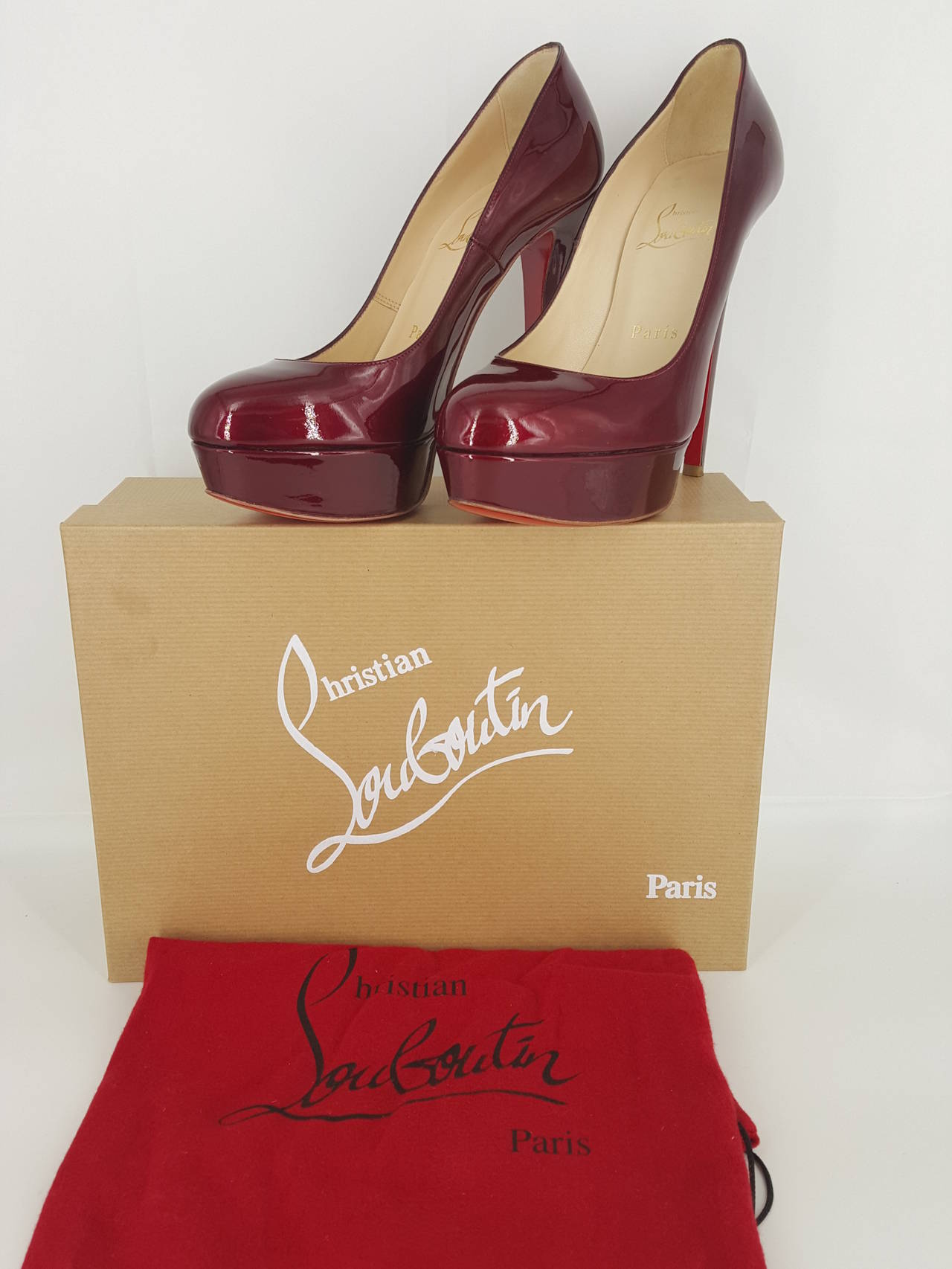 Brown Christian Louboutin Candy Apple Red Patent Leather Pumps Size 36 1/2 For Sale