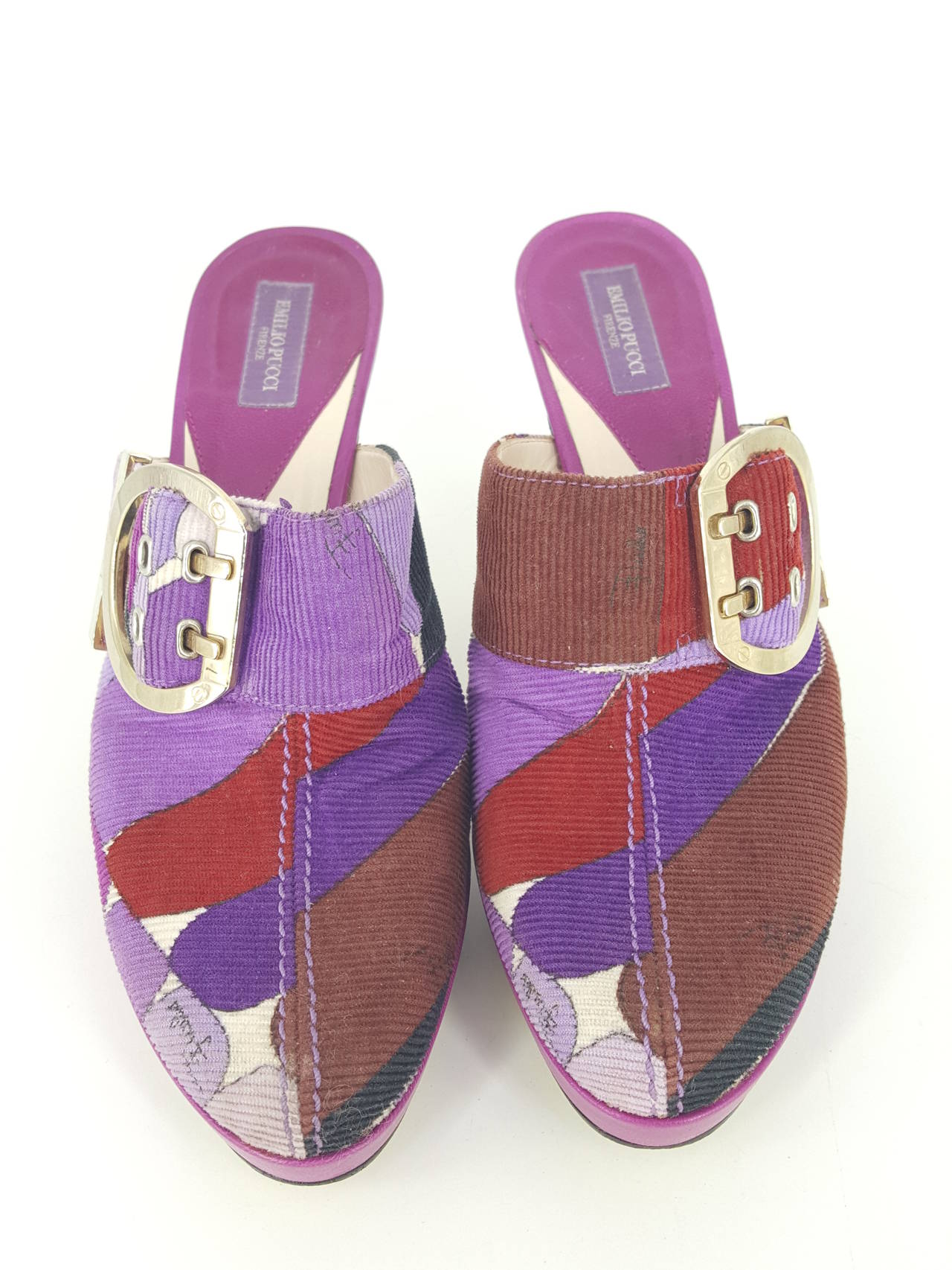 Offered for sale are these PUCCI plush corduroy mules in fuschia, dark rust, medium brown, and beige.  They are size 371/2 and have the appearance of being worn once,  There is a 2