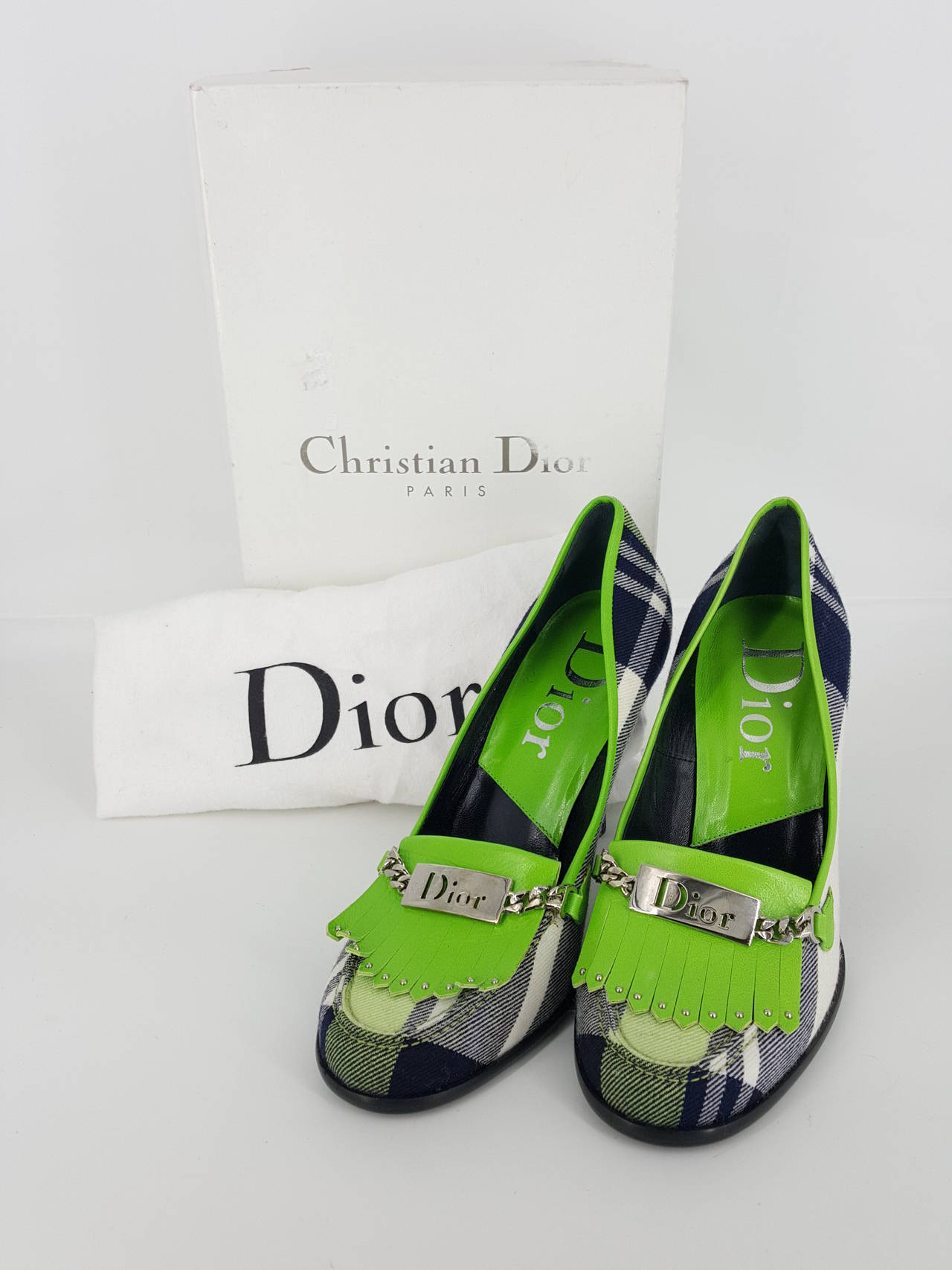 Green Christian Dior Vibrant Plaid Flannel Pumps in size 36 1/2 For Sale